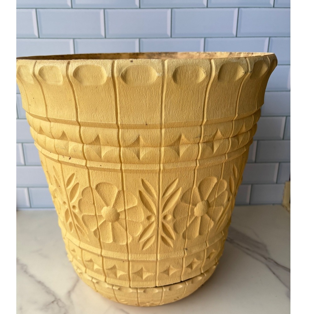 Vintage Lawnware Yellow Plastic Planter Floral Embossed Garden Pot 2312 USA 12in
